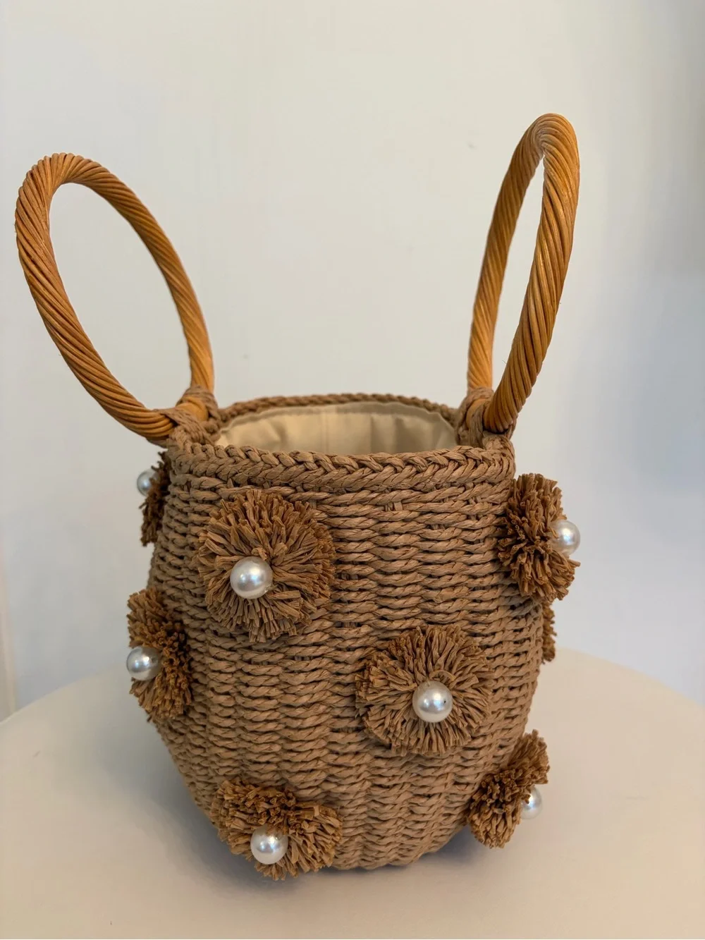 Handwoven Brown Raffia Basket Bag with Pearl Accents